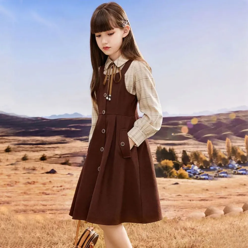 

Girls' Dress Set New Spring and Autumn Children's Strap Shirt Skirt+Long Sleeve Shirt Two piece Set Children's Dress Set 120-160