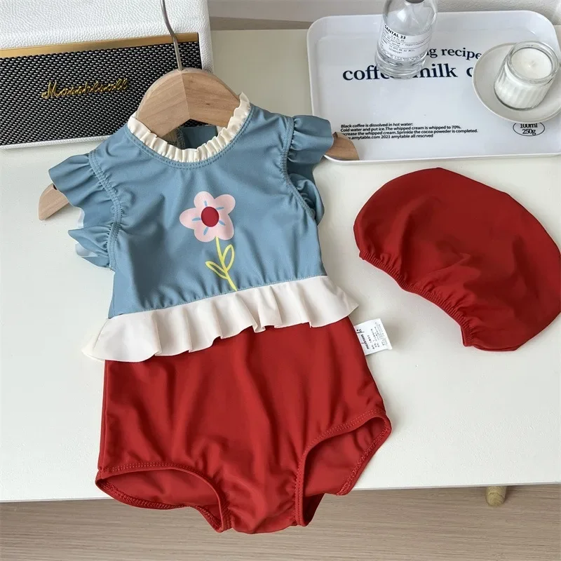 Children Sleeveless One-Piece Swimsuits New Summer Cute Flower Print Blue Red Patchwork Ruffled Hem Swimwear Bathing Suit A3586