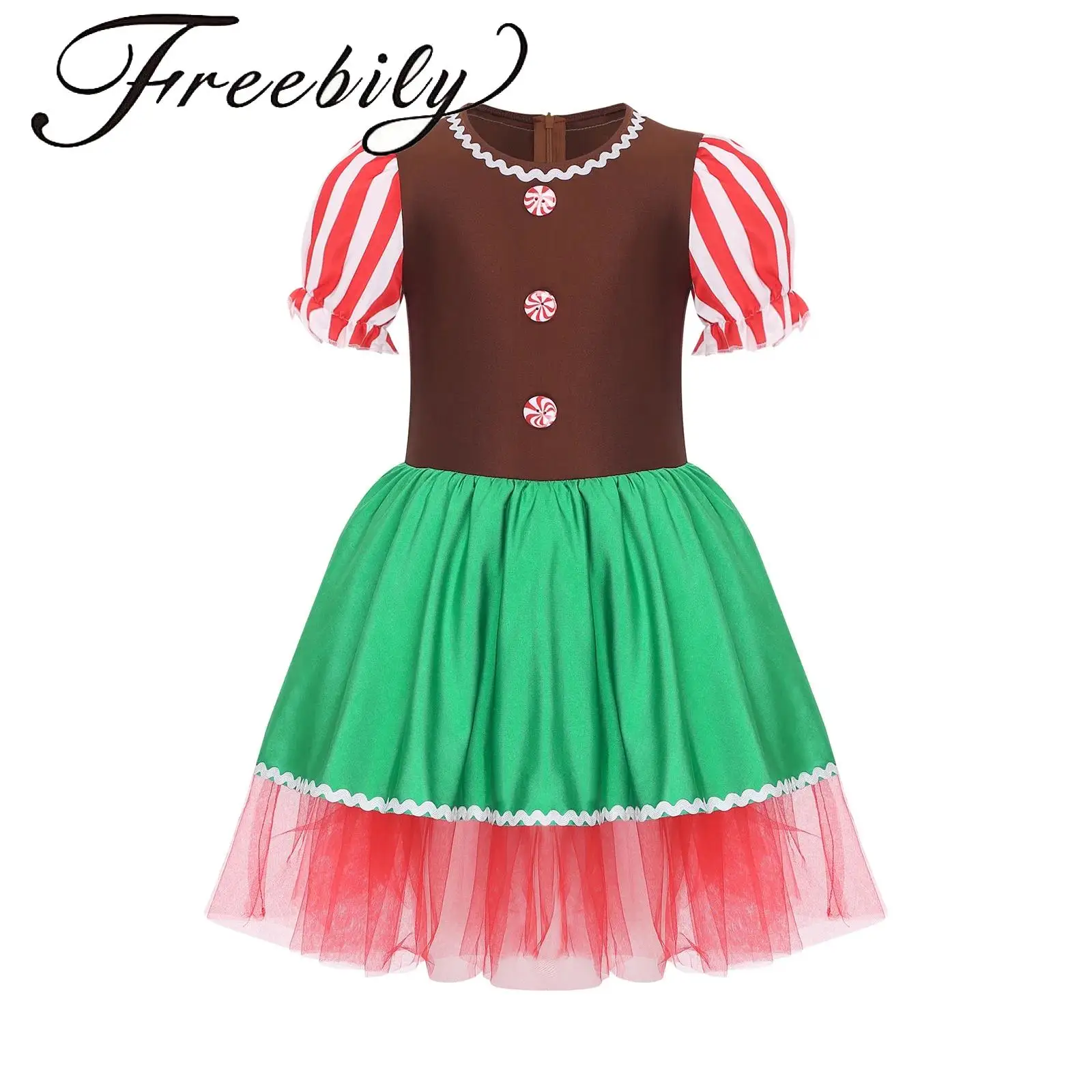 

Girls Christmas Santa Cookie Cosplay Gingerbread Man Costumes Puff Sleeves Candy Cane Ballet Tutu Dress Figure Skating Leotard