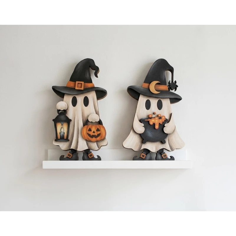Halloween Wooden Ghost Witch Upright Plaque Table Centerpiece Décor Spooky Party Ornament for Festive