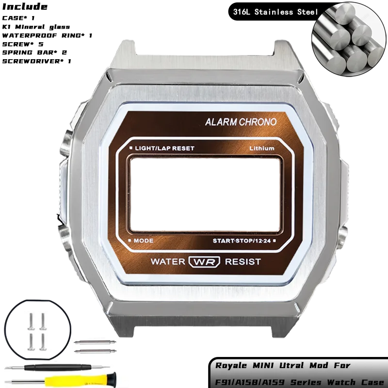 Royale Ultra Mod für CASIO F-91/A158/A159 Uhrengehäuse 316L Edelstahl K1 Mineral Poliert Gebürstetes Mattes Gehäuse Sunray Zifferblatt-Set – Detail 18