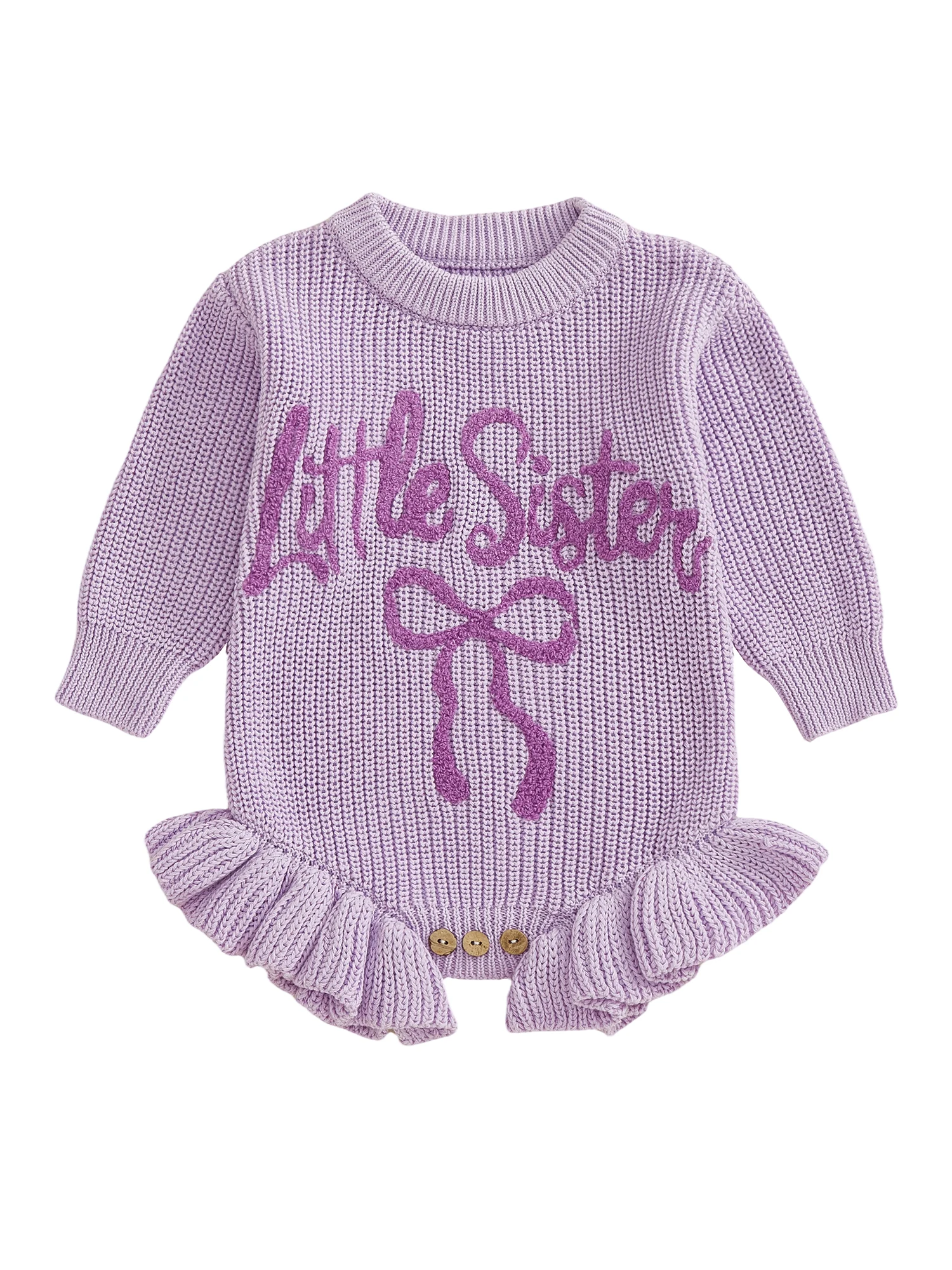 Adorável macacão de menina com mangas compridas, gola redonda, letras fofas, bordado de arco e macacão de malha para bebês