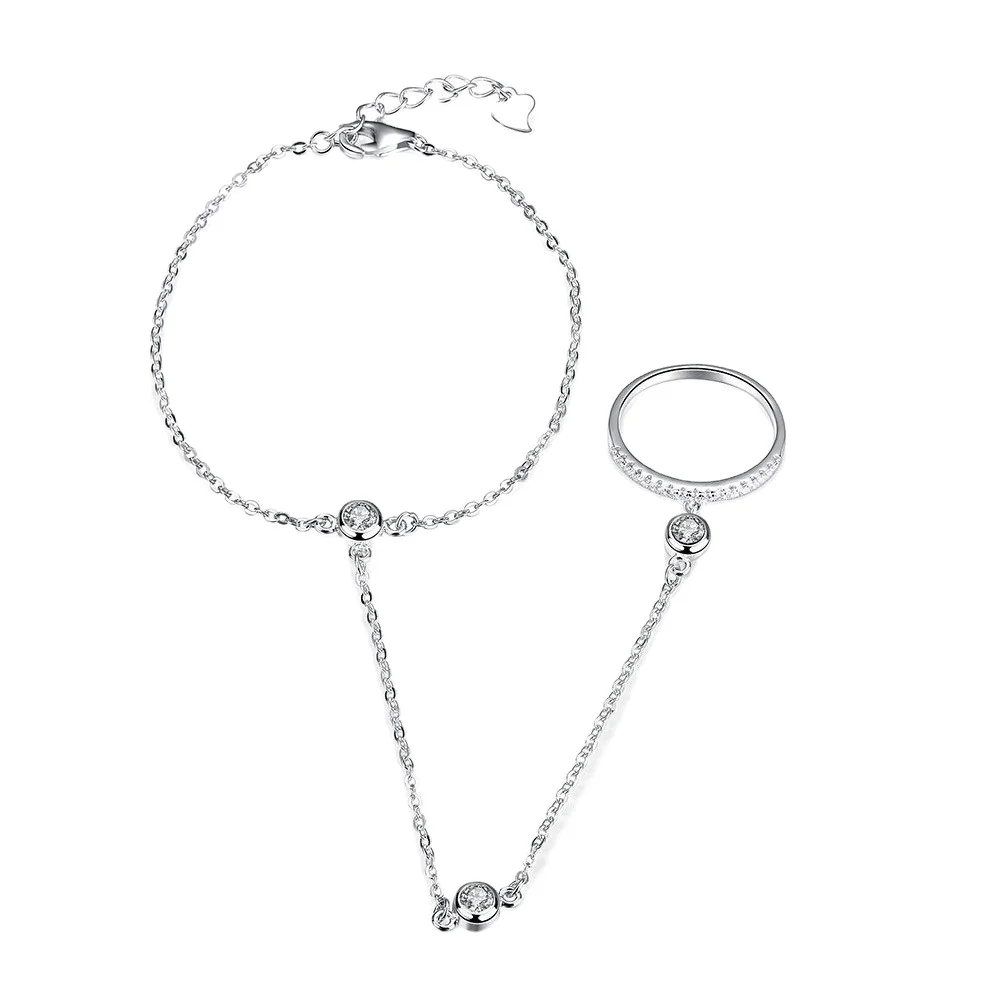 

Girls Fashion Beach Jewelry 925 Sterling Silver Bracelet and Chain Ring Set