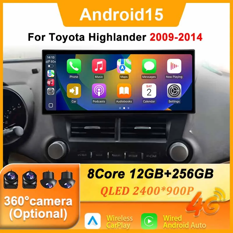 شاشة QLED تعمل باللمس 12.3 بوصة أندرويد 15 لسيارة تويوتا هايلاندر 2009 - 2014 راديو السيارة نظام تحديد المواقع والملاحة الوسائط المتعددة 4G WIFI BT CarPlay