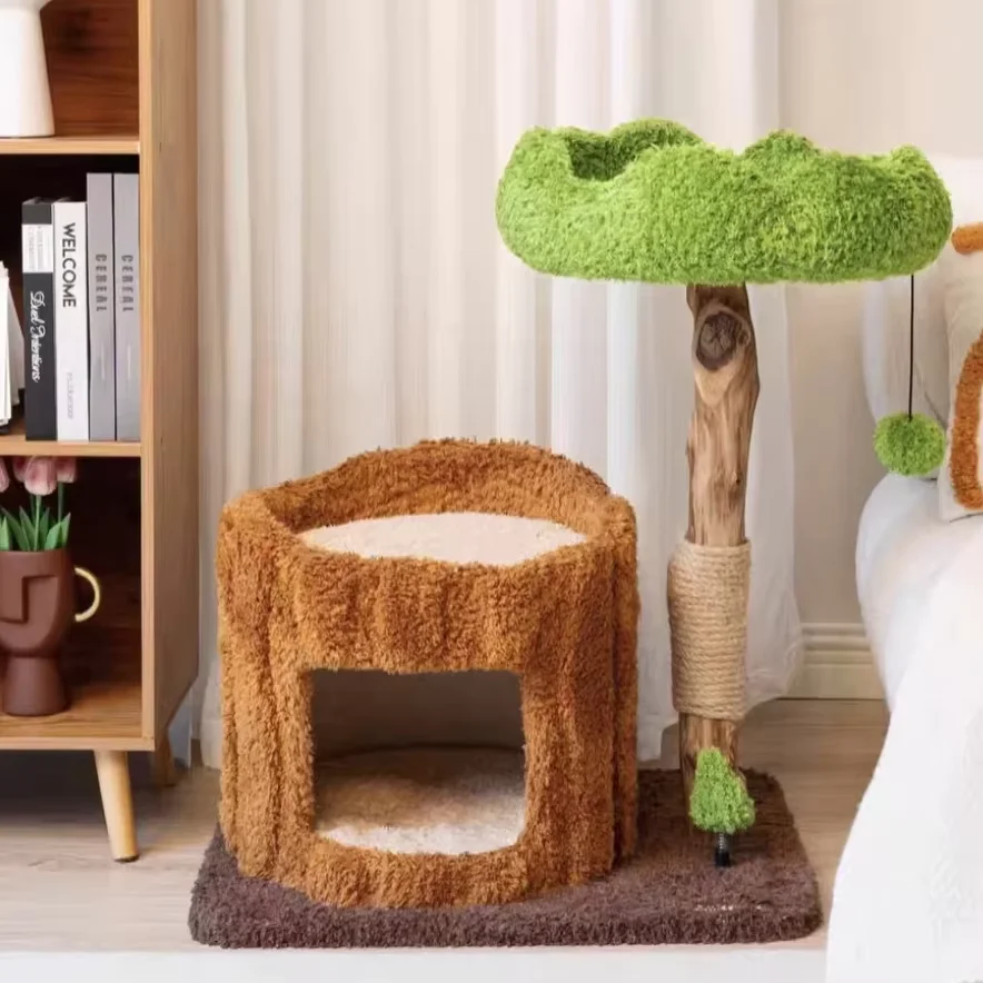 Solid Wood Classic Modern Cat Climbing Frame & Nest Tree All-in-One Space-Saving Sisal Pet Toy