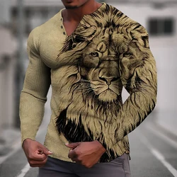 Animal Lion 3D Print Henley Shirts Men's Fashion Vintage Streetwear Oversized Button Long Sleeve T Shirt Tees Tops Man Clothing