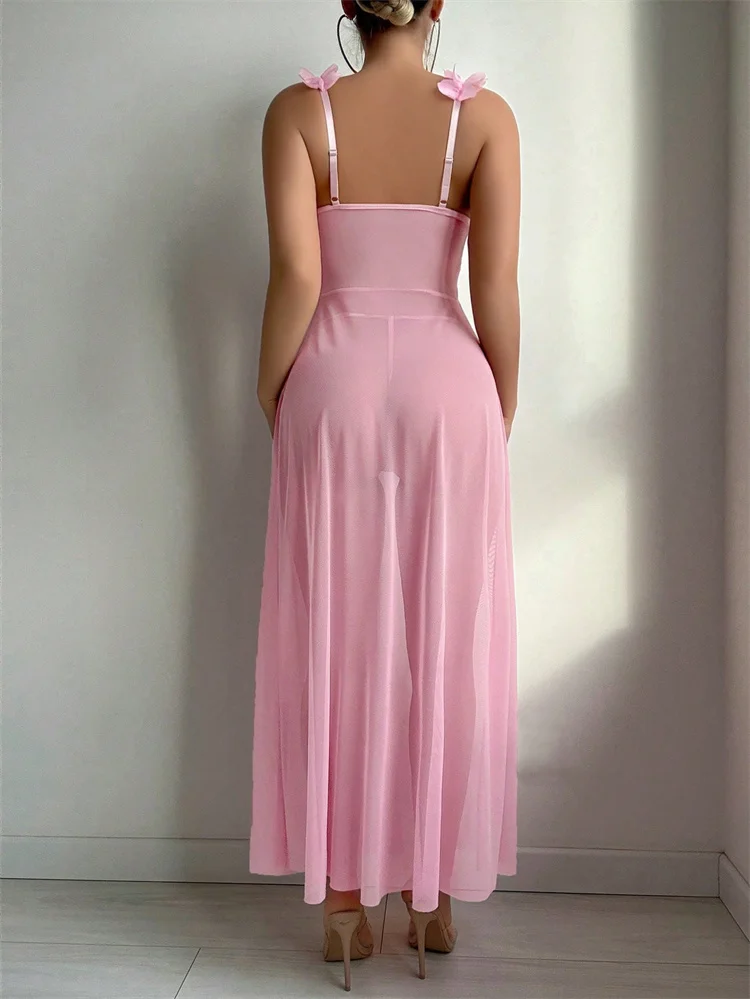 Sexy Women Nightgowns Pink Floral Sleepwear Summer Slip Night Dress Deep-V Lace Sleep Dress Mesh See Through Baby Doll Nightie