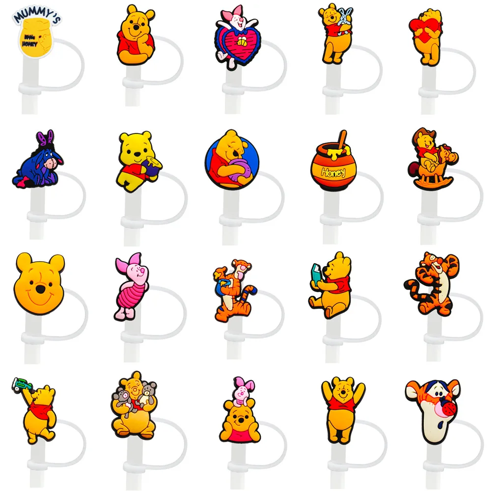 Niedliche Winnie-Puuh Silikon-Strohhalm-Aufsätze für 10mm Strohhalme, Strohhalm-Kappen für Glasbecher, für 30 & 40 Unzen Becher mit Henkel, staubdicht, wiederverwendbar