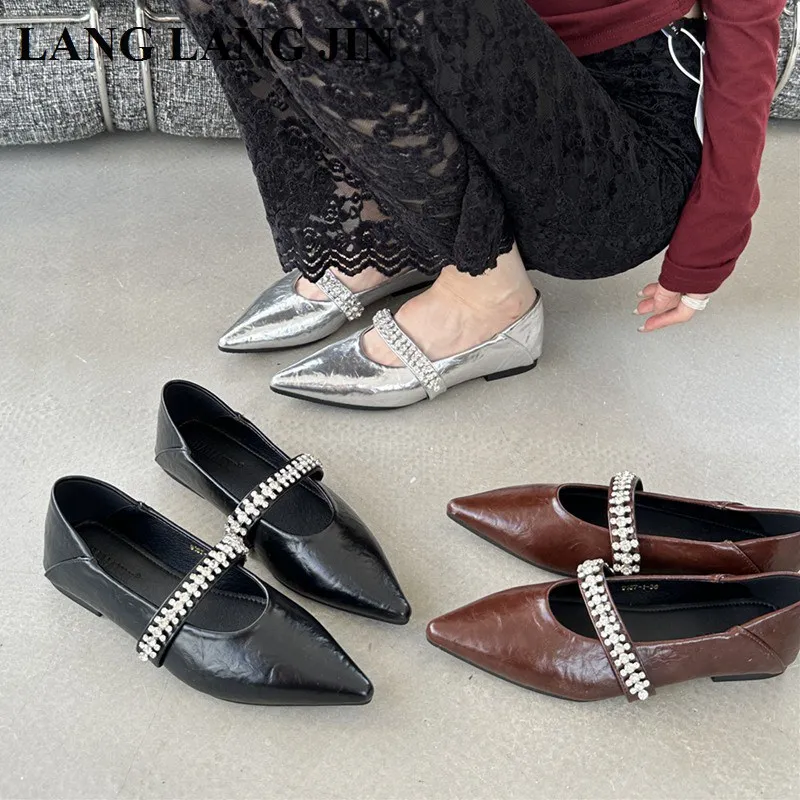 Retro Women Shoes Shallow Poinited Toe Female Footwear Autumn Black Sliver Flats Comfortable Dress Ballarinas Soft Loafers Mujer