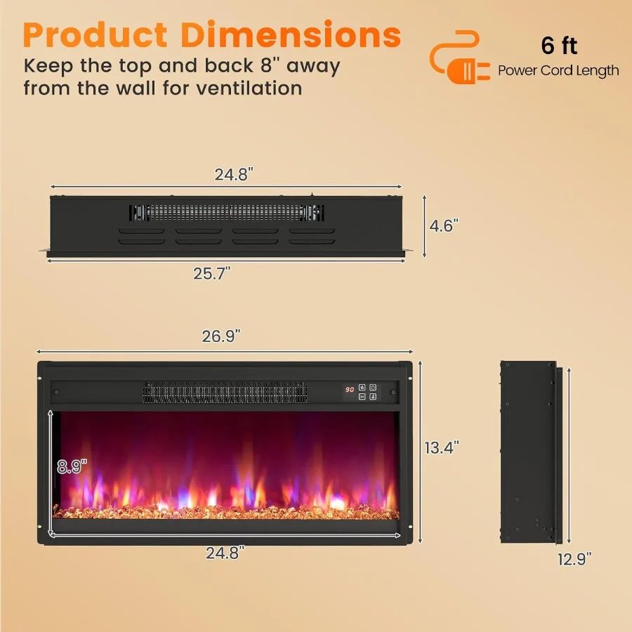 26 Electric Fireplace Insert Recessed Fireplace Heater with 8 Flame Colors 6 Ember Bed Colors Remote Control 9H Timer Thermosta