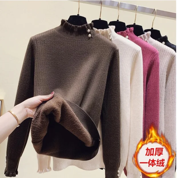 

2023 Women New Autumn Winter Pullover Turtleneck Sweater Vintage High Quality Thicken Warm Mink Fleece Lining Knitted Sweaters