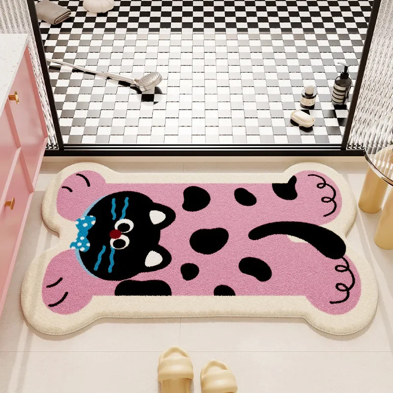 Cute Cat Rug Animal Tufted Long Bathroom Rugs Cat Irregular Shaped Rug Non-Slip Absorbent Washable Bath Mat