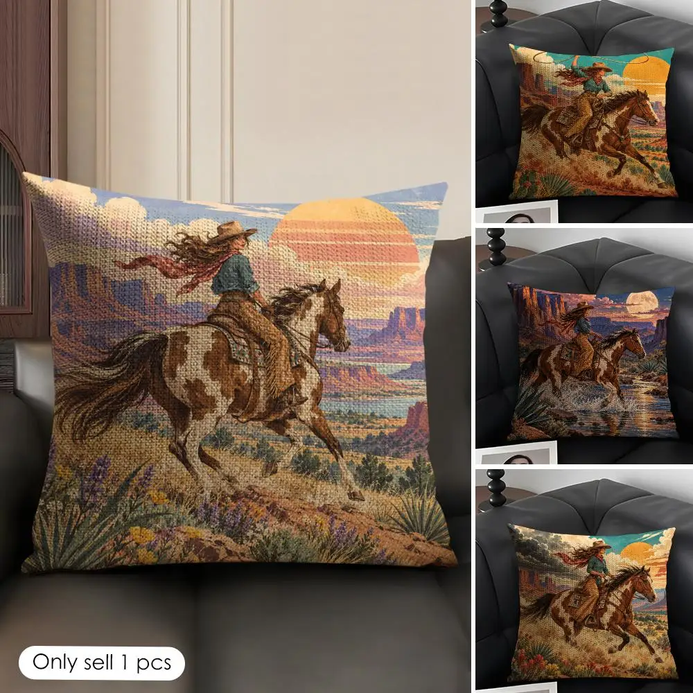 Cowgirl Southwestern Desert Landscape Cushion Cover Skin-Friendly Linen Pillow Cover Durable Hypoallergenic Washable Soft