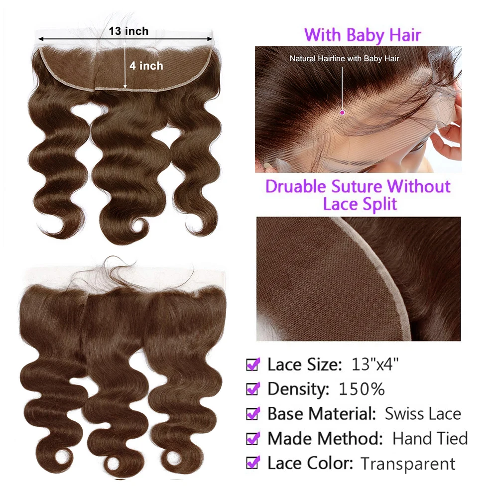 Dark Brown Body Wave Human Hair Bundles With 13x4 Lace Frontal Chocolate 100% Human Hair Bundles Closure Extension for Women