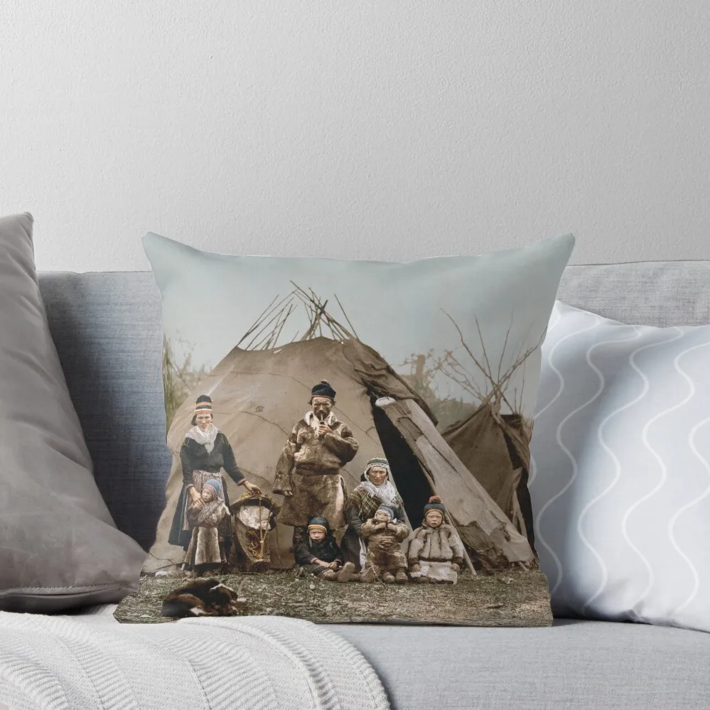 A Lapp Family Outside Their Tent - Norway Circa 1900 Photochrom Throw Pillow pillows decor home Sofa Cover pillow