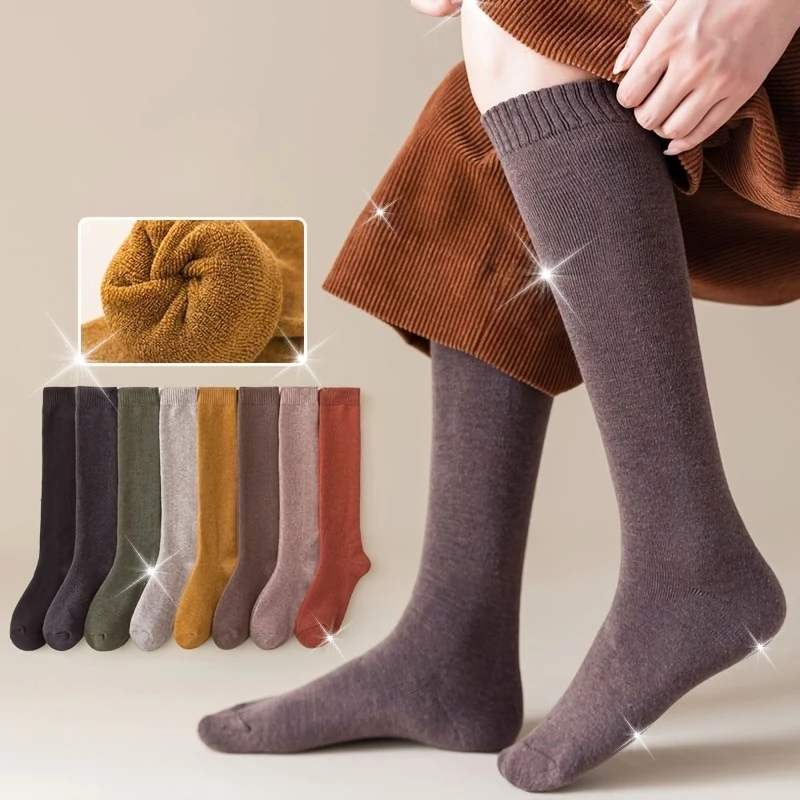 

3 пары разноцветных случайных осенне-зимних теплых толстых женских однотонных носков до середины икры, универсальные повседневные морозостойкие носки-тапочки