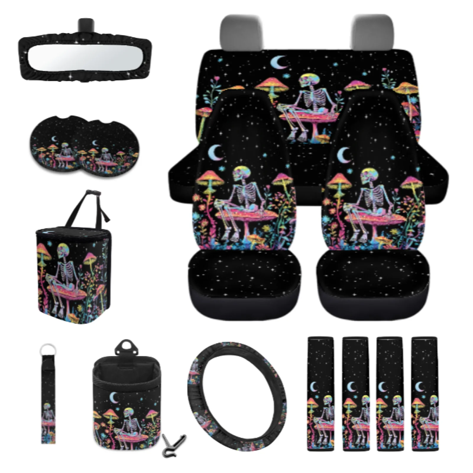Coloranimal Skull Mushroom 15 PCS with All-in-One Steering Wheel Cover and Car Seatbelt Cover for Truck