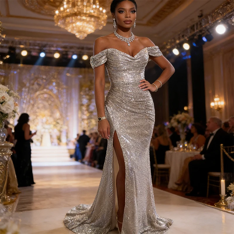 1 szt. Damska seksowna sukienka maxi na imprezę z rozcięciem, nowa sukienka z cekinami, dekolt typu one-line, modna, elegancka sukienka na bal, wieczorowa