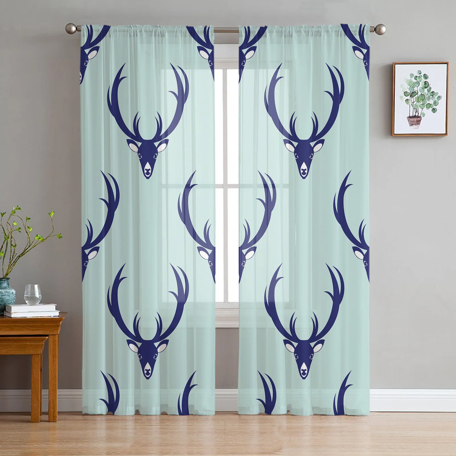 Deer Head Horns Blue Voile Tulle Curtains for Living Room Printed Bedroom Home Decor Coffee Hotel Sheer Drapes Window Treatment