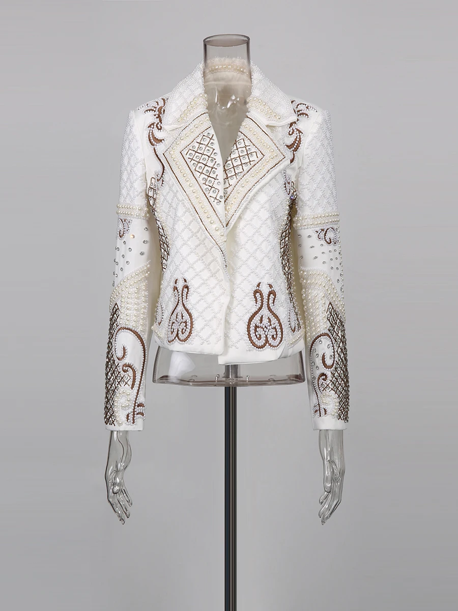 TWOTWINSTYLE Colorblock Slimming Spliced Embroidery Coat for Women Lapel Long Sleeves Patchwork Pearl Jackets Female Clothing