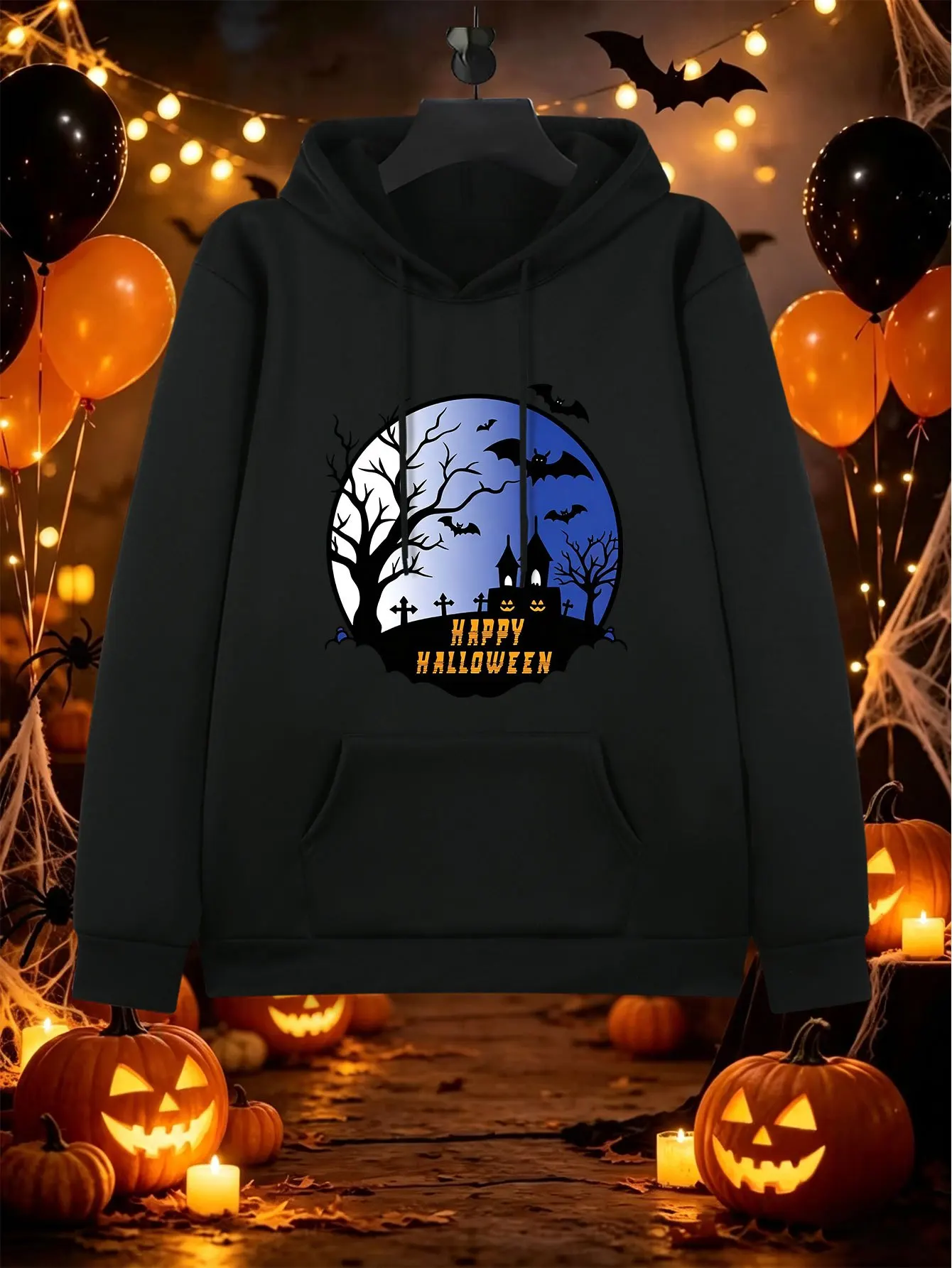 Unisex Halloween Moon Dead Tree Ghost Castle Bat Text Print Hoodie, Street Trendy Long Sleeve Top For Commute Fitness Wear S-3XL