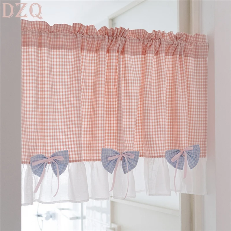 

South Korea Sweet Pink Plaid Short Curtains for Kitchen Japanese Blue Bow Half Curtain Cloth for Living Room #A634