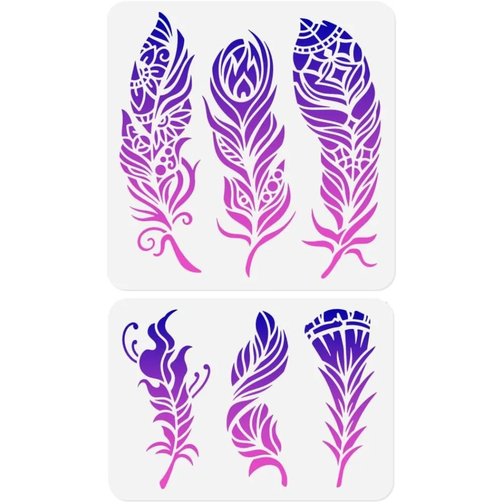 

Набор из 2 многоразовых пластиковых трафаретов с узором мандалы и перьев для рисования на стенах, дереве, мебели, ткани, холсте