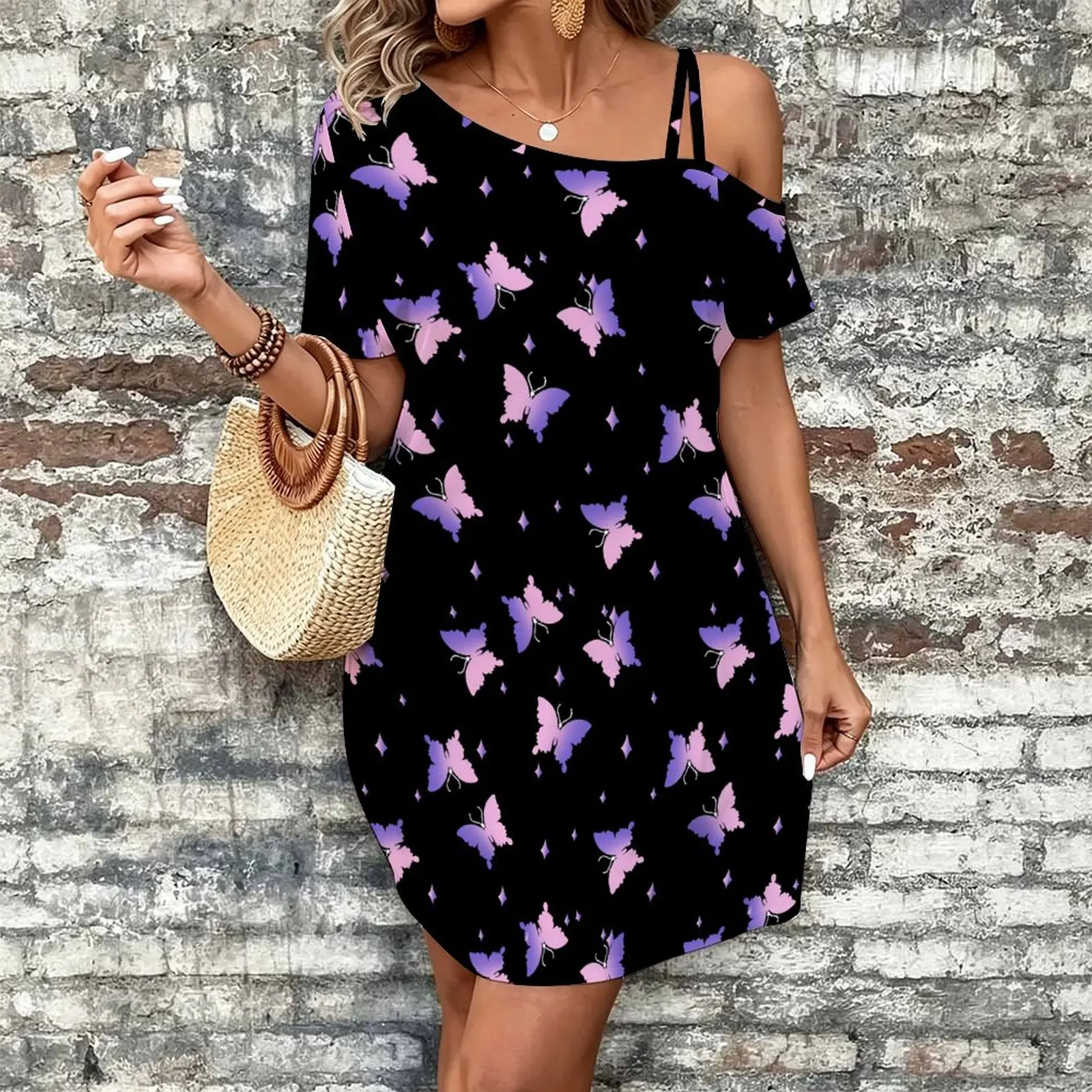 Women Print Cold Shoulder Short Sleeve Mini Dress Irregular Off Shoulder Casual Loose Tunic Dress