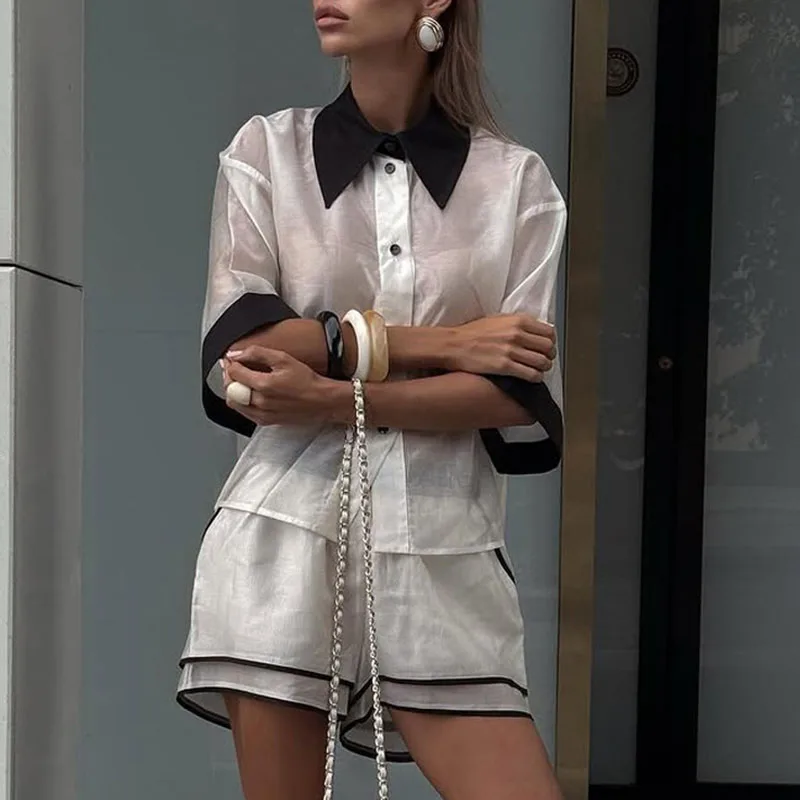 Chic Contrasting Half Sleeve Splice Suit Casual Lapel Perspective Commut Outfit Comfortable Single Breasted Shirt+Shorts 2pc Set