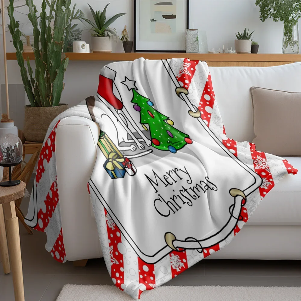 Greyhound Christmas Fleece Blanket, Dog Holding Stocking with Tree Gifts, Red White Stripe Pattern for Pet Lovers Decor