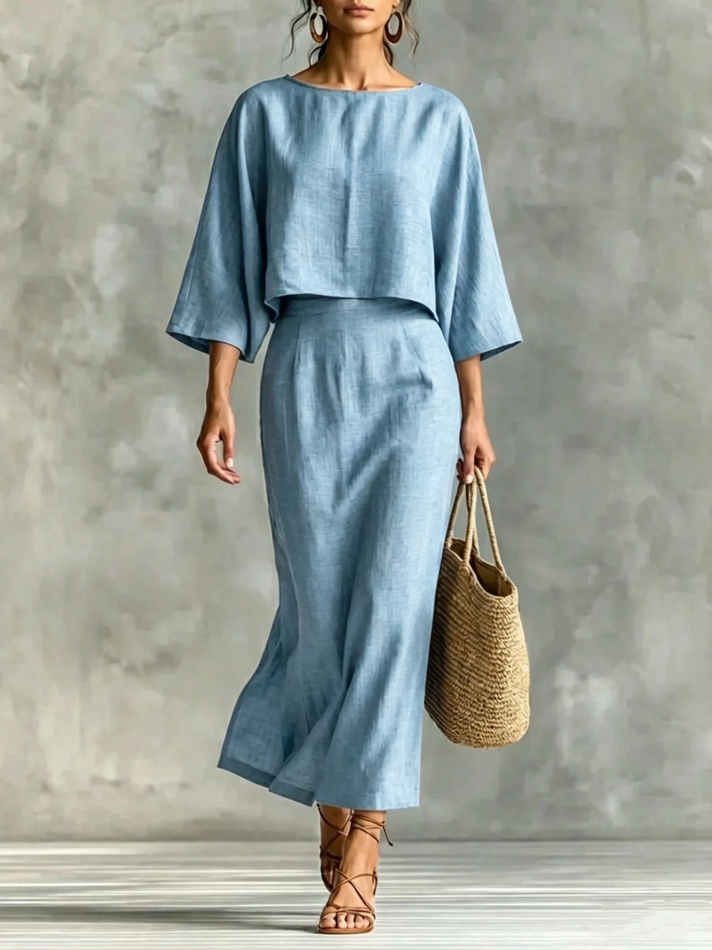 Women 2 Piece Outfit Sets Solid Casual Loose Top High Waist Midi Skirt Matching Suit Elegant Office Holiday Two Piece Skirt Set image 6