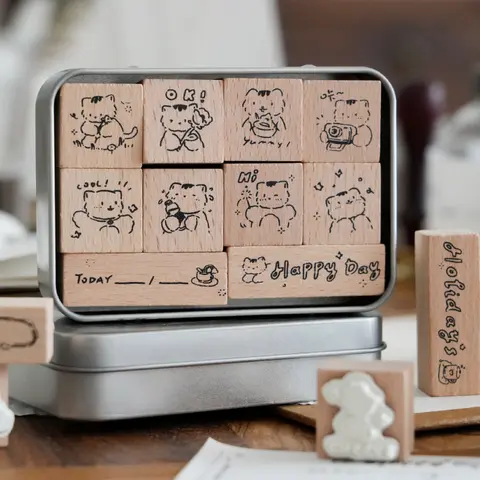 Sevimli Kedi Ahşap Damga Seti DIY Damgalama Önemsiz Günlük Etiketleri Kartları Scrapbooking Miyav Mühür Zanaat Hobiler - Ev ve Bahçe