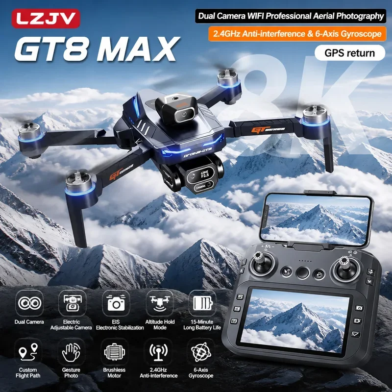 Drone pliable GT8 Max 8K HD professionnel avec double caméra, écran, télécommande, évitement d'obstacles, quadricoptère à moteurs brushless