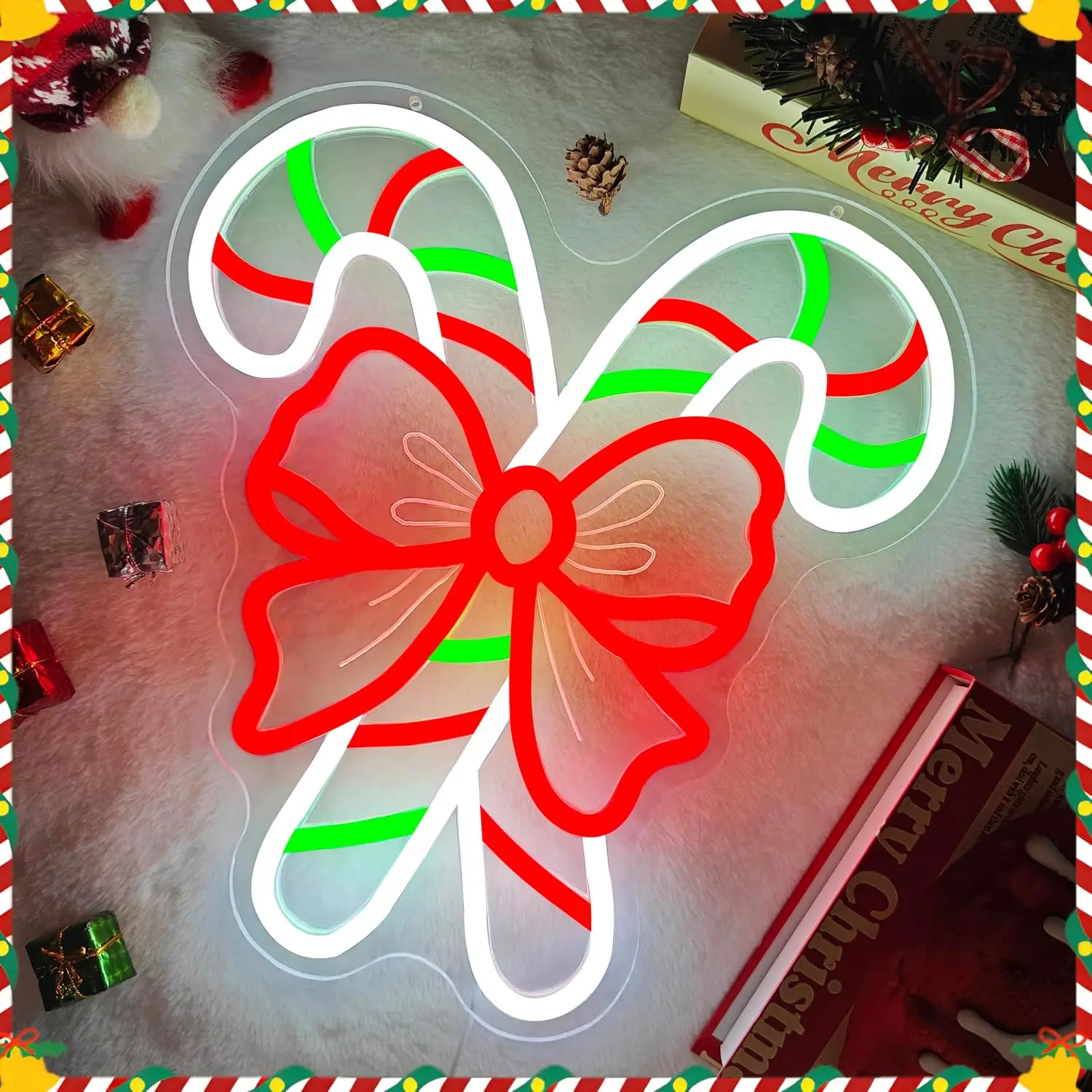 Christmas Candy Cane Bow Neon Sign USB Powered LED Neon Light,Christmas Party Home Window Bar Decoration Gift Night Light