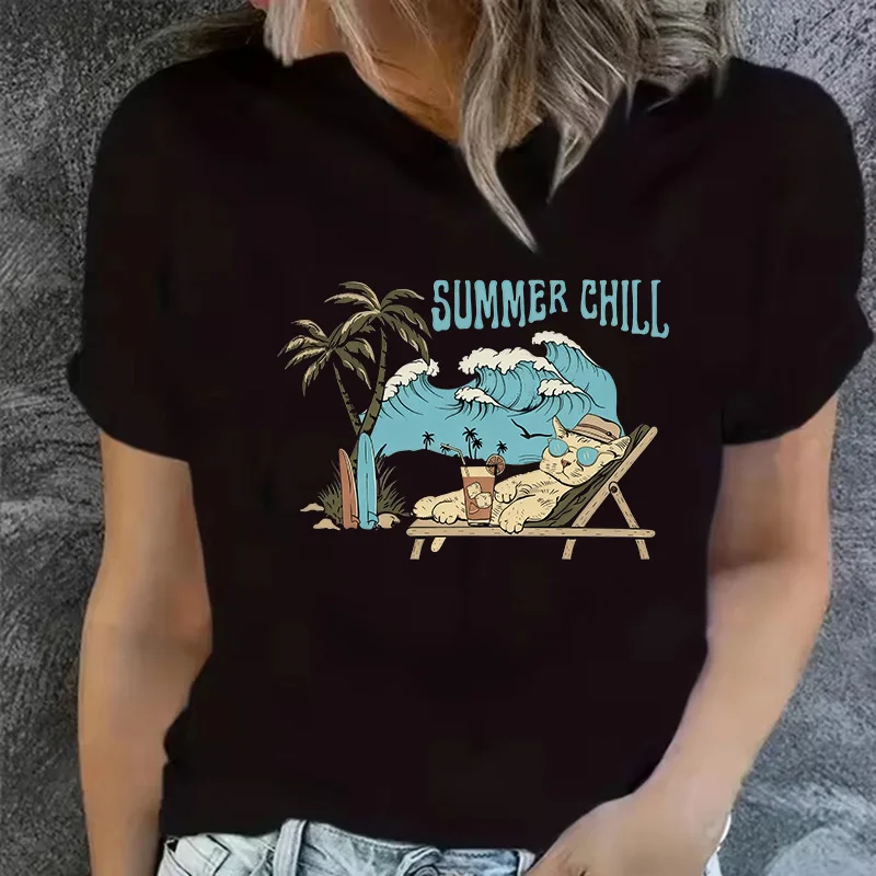 Letter Summer Chill Print T Shirt Women's Crew Neck Short Sleeve T-Shirt with Cat and Beach Print 90s Vintage Tshirt Clothes