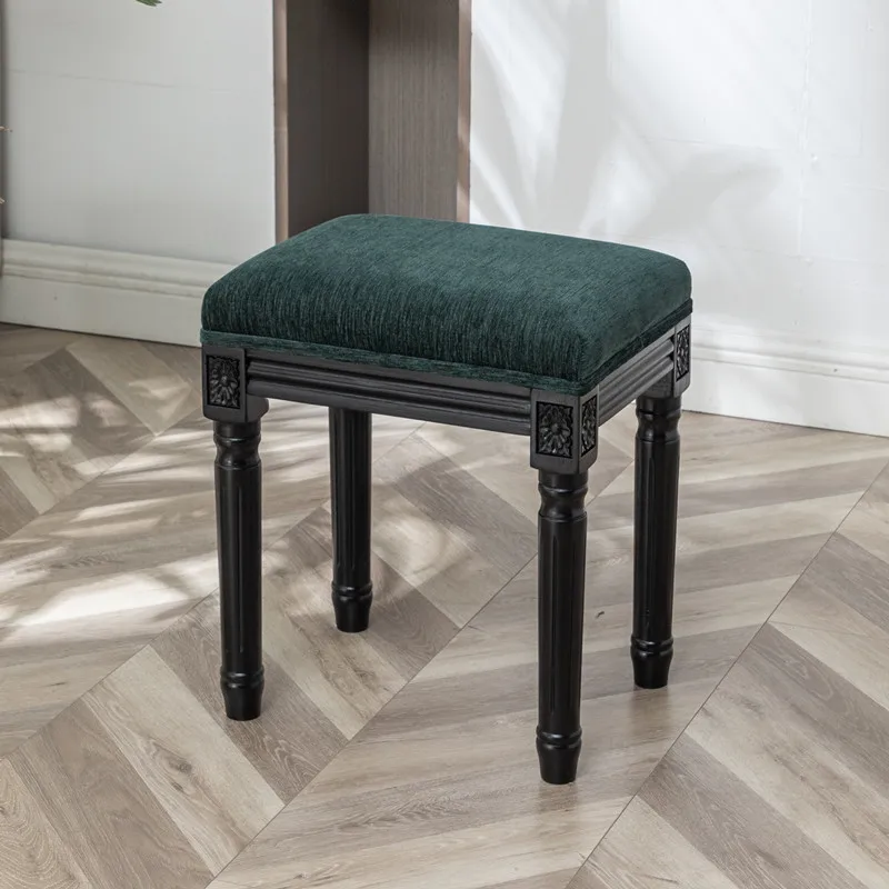 Country Solid Wood Upholstered Makeup Stool Vintage Vanity Bench Padded Cushion Dining Chair Comfortable Fabric Ottoman Seat