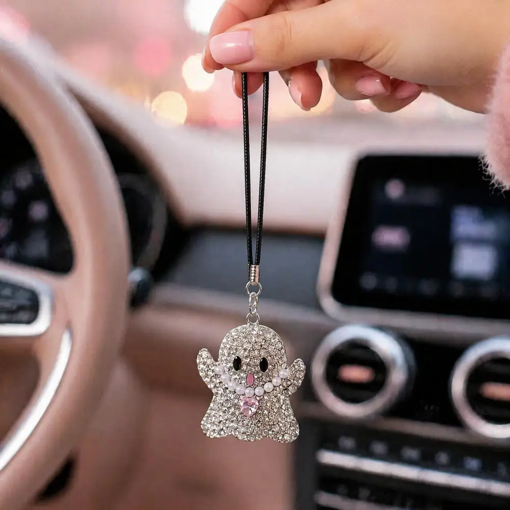Ghost Car Ornament Gift for Car Owners Halloween Ghost Car Hanging Charm Rhinestone Rearview Mirror Pendant Auto for Vehicles