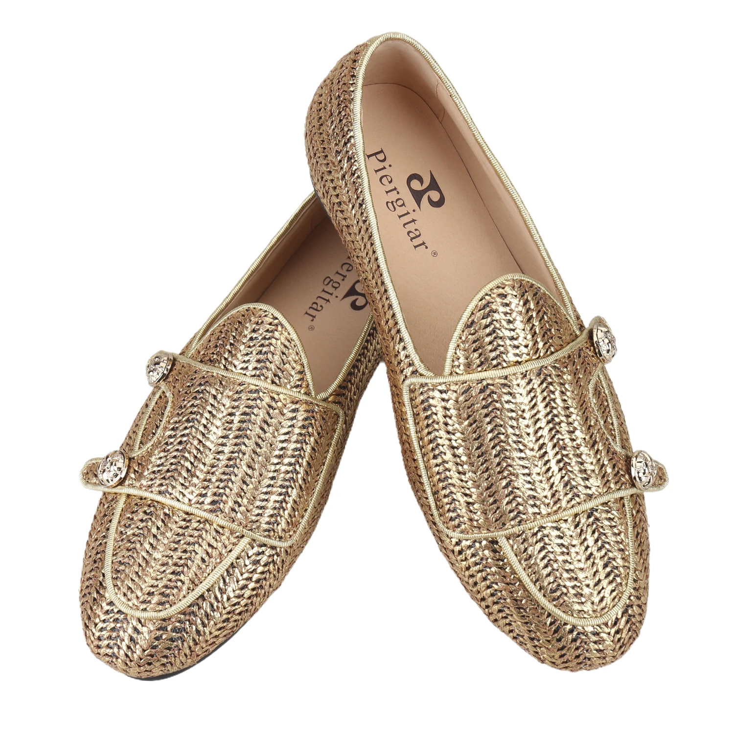 Piergitar Luxury Woven Rafia Double-Monk Belgian Loafers With Vintage Gold Buttons Handcrafted Classic Style Men's Slip-On Shoes