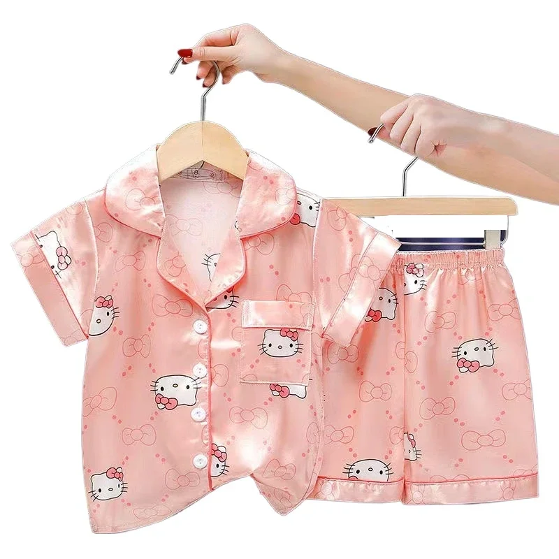 Sanrio Cinnamoroll Hello Kitty Short Pajama Set Loose Large Short Sleeve Ice Silk Women\'s Pajamas Summer Sweet Home Clothes Gift