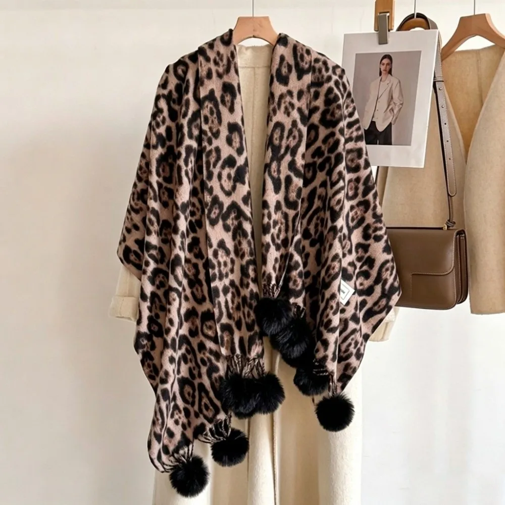 Double Sided Design Faux Cashmere Scarf Soft Warm Material Large Size Leopard Print Shawl Faux Cashmere Fabric