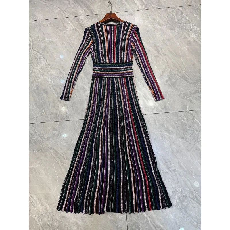 2025 فساتين متوسطة الطول بأكمام طويلة وطباعة مخططة باللون البني والأصفر والأحمر عالية الجودة