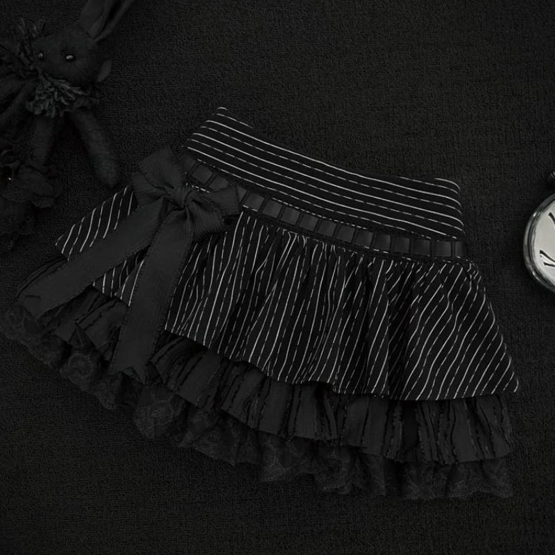 Japanese Gothic Style Lolita 2 Piece Sets Women Sweet White Bandage Blouses High Waist Bow Stripe Mini Skirts Kawaii Y2k Outfits view 5