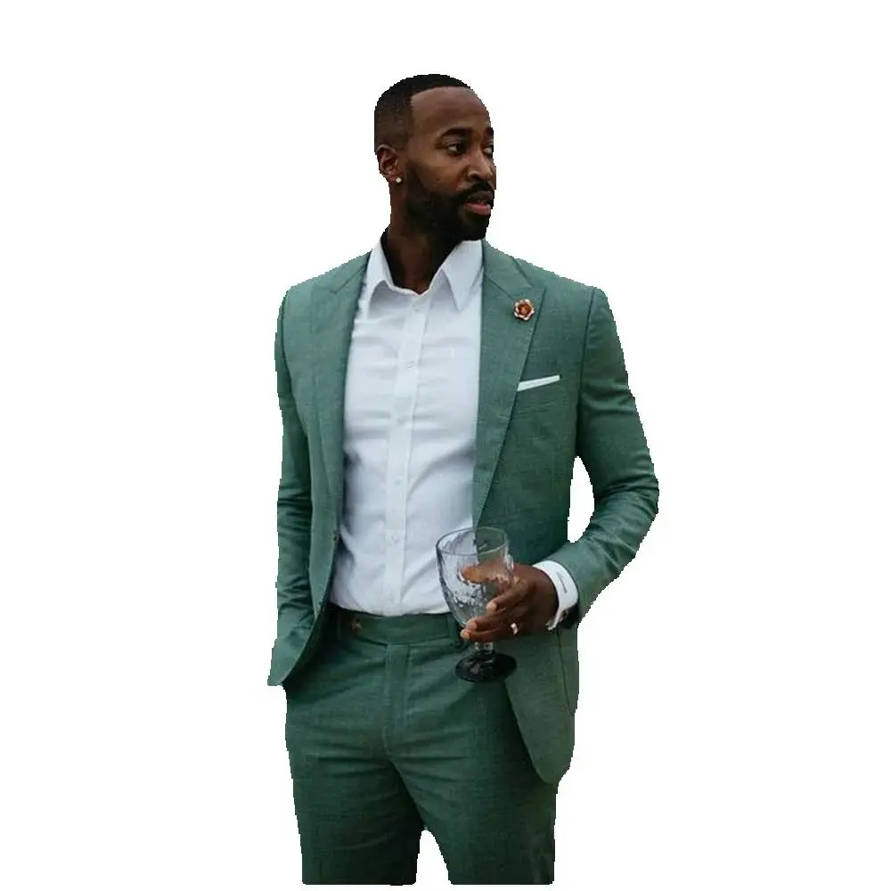 Elegant Green Men's Suits Single Breasted Two Piece Jacket Pants Male Clothing Slim Fit Business Wedding Party Blazer Sets