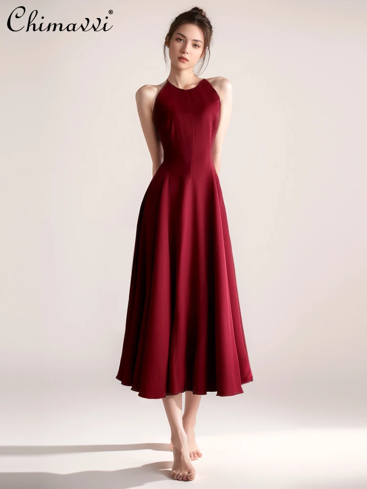 French Retro Hepburn Style Red Halter Dress Sexy Off-shoudler High Waist Pleated Slim A-Line Elegant Evening Dress Women Summer