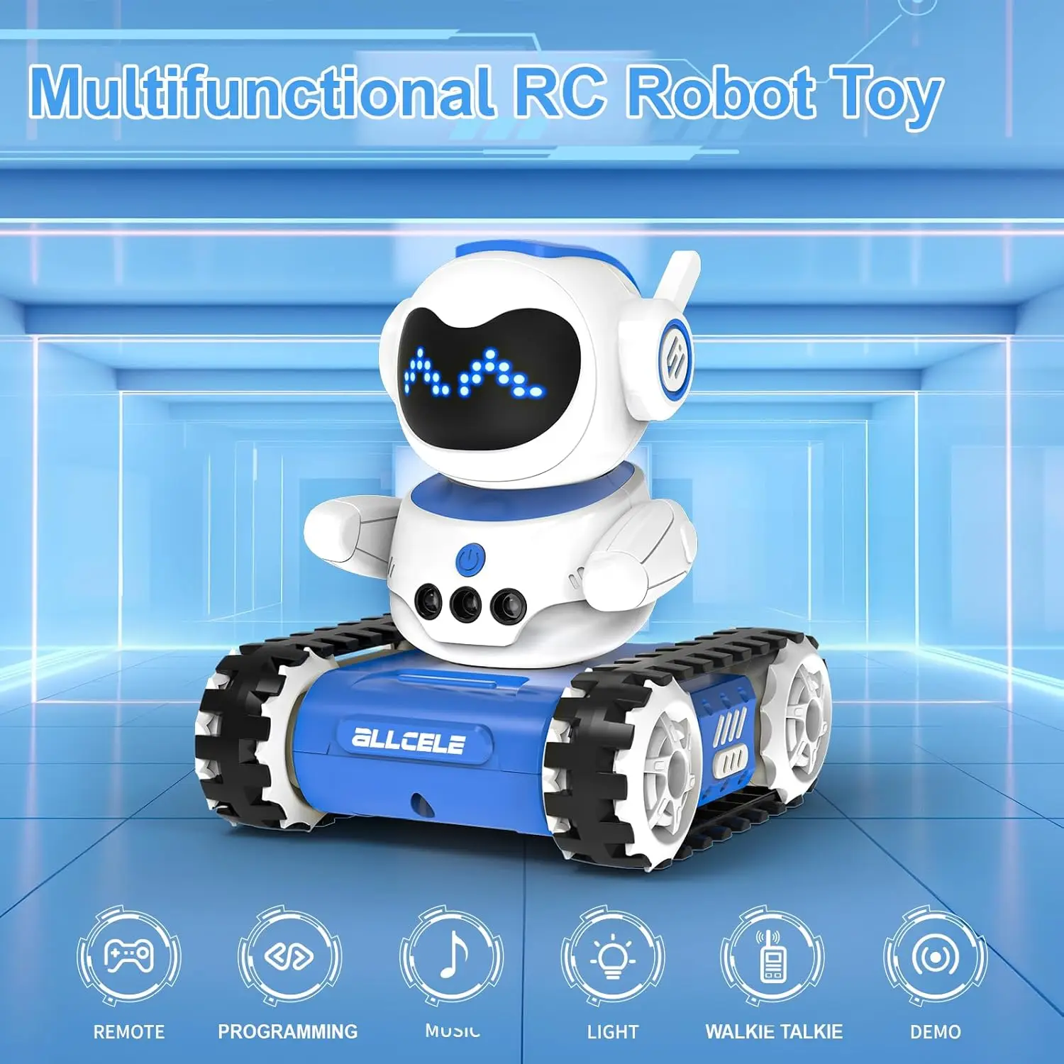 ALLCELE Robot Toy, LED RC Robot Toys, Boys and Girls with Walkie Talkie, Music, Demo and LED Function, Gift for Kids-Blue White