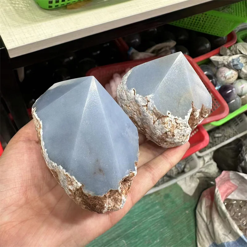 Angelite Stone 석영 크리스탈 광택 러프 타워 포인트 천연 원석, 치유 레이키 장식 공예