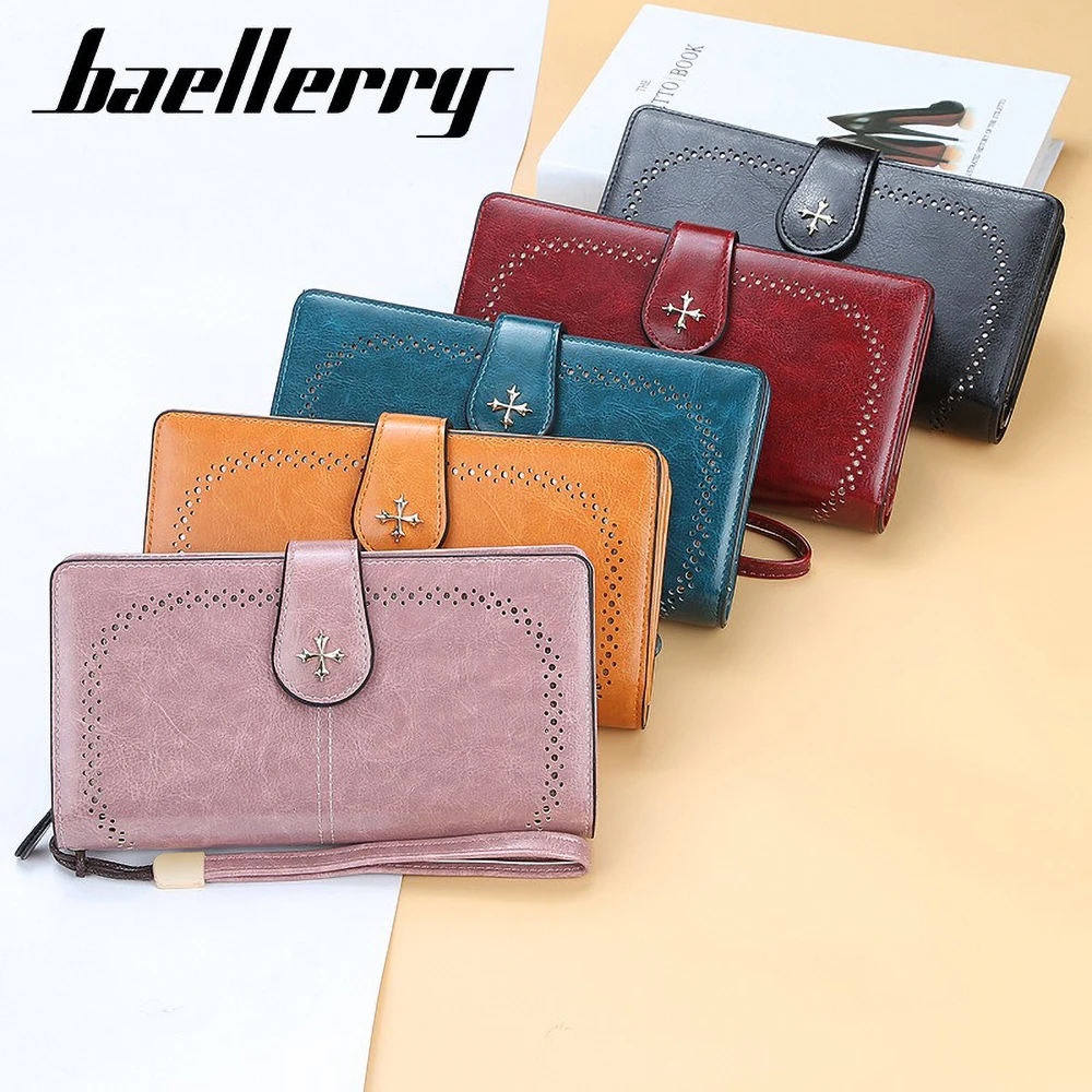 กระเป๋าสตางค์ยาวสำหรับผู้หญิง Baellerry พร้อมซิปคู่ ช่องใส่บัตรหลายช่อง ดีไซน์สร้างสรรค์ กระเป๋าคลัทช์เรียบง่าย ความจุเยอะ พร้อมสายคล้องมือ