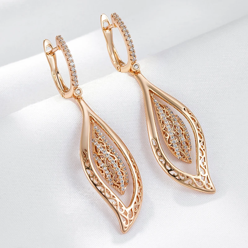 Kienl Hot 585 Rose Gold Color Natural Zircon Long Big Earring for Women Glossy Crystal Flower Ethnic Bride Daily Vintage Jewelry