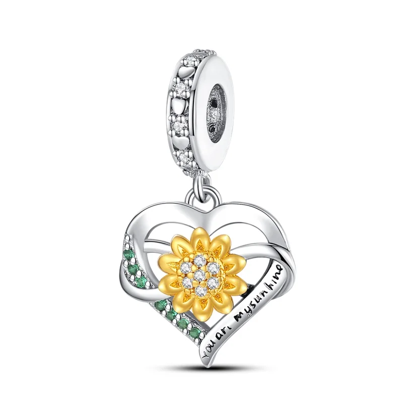 Stylish 925 Sterling Silver Golden Sunflower Love Charms Pendant Fit Original Bracelet DIY Women Party Jewelry Gift