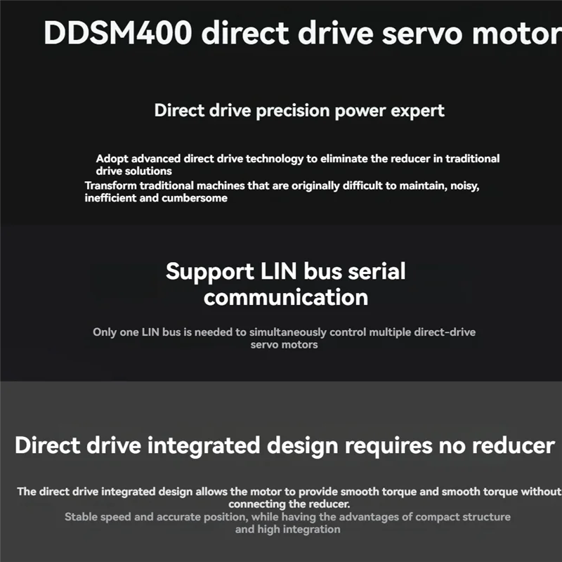 

Exquisite-DDSM400 Серводвигатель с прямым приводом Регулируемый широкий диапазон скорости Низкий уровень шума Встроенный серводвигатель Поддержка LIN